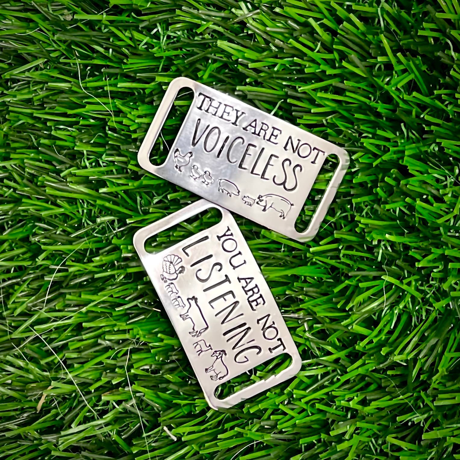 They Aren't Voiceless Shoe Tag Set — Hand-Stamped Aluminum